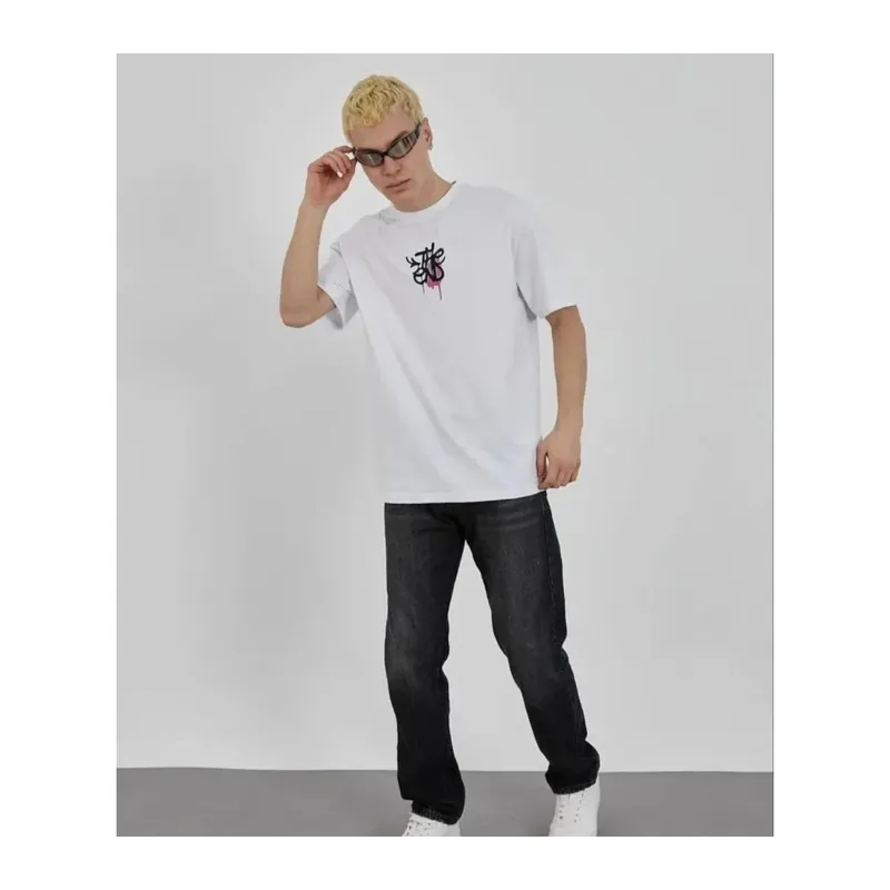 Unisex Bisiklet Yaka Baskılı Oversize T-Shirt - Beyaz