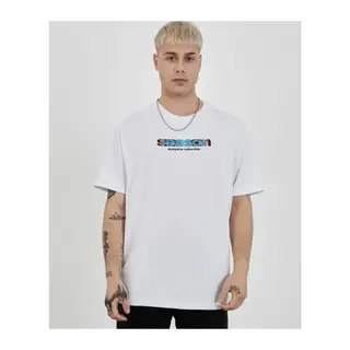 Unisex Bisiklet Yaka Baskılı Oversize T-Shirt - Beyaz