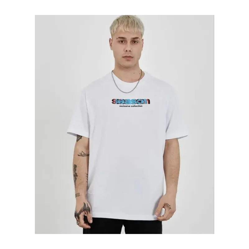 Unisex Bisiklet Yaka Baskılı Oversize T-Shirt - Beyaz