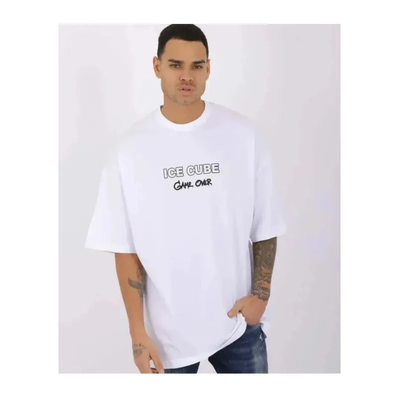 Unisex Bisiklet Yaka Baskılı Oversize T-Shirt - Beyaz