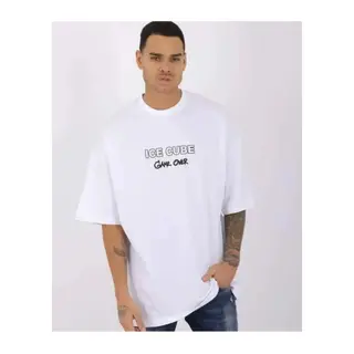 Unisex Bisiklet Yaka Baskılı Oversize T-Shirt - Beyaz