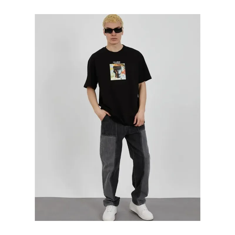 Unisex Bisiklet Yaka Baskılı Oversize T-Shirt - Siyah