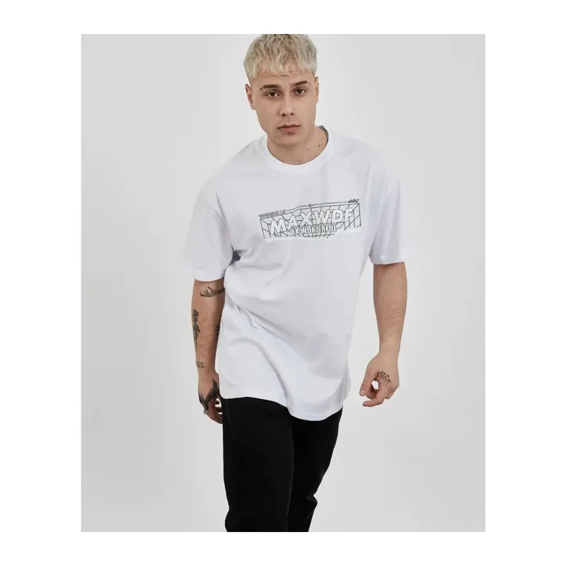 Unisex Bisiklet Yaka Baskılı Oversize T-Shirt - Beyaz