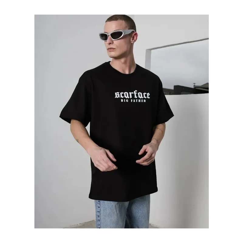 Unisex Bisiklet Yaka Baskılı Oversize T-Shirt - Siyah