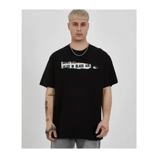 Unisex Bisiklet Yaka Baskılı Oversize T-Shirt - Siyah
