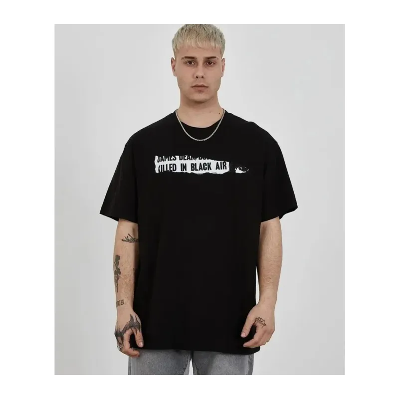 Unisex Bisiklet Yaka Baskılı Oversize T-Shirt - Siyah