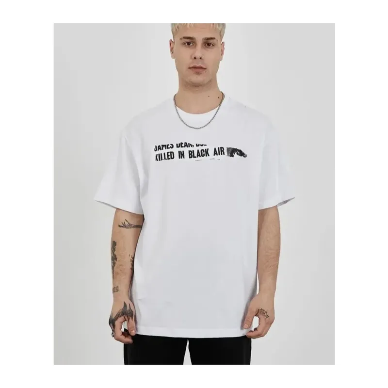 Unisex Bisiklet Yaka Baskılı Oversize T-Shirt - Beyaz