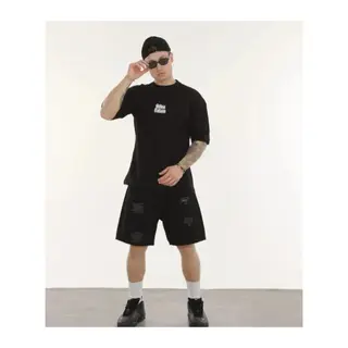 Unisex Bisiklet Yaka Baskılı Oversize T-Shirt - Siyah