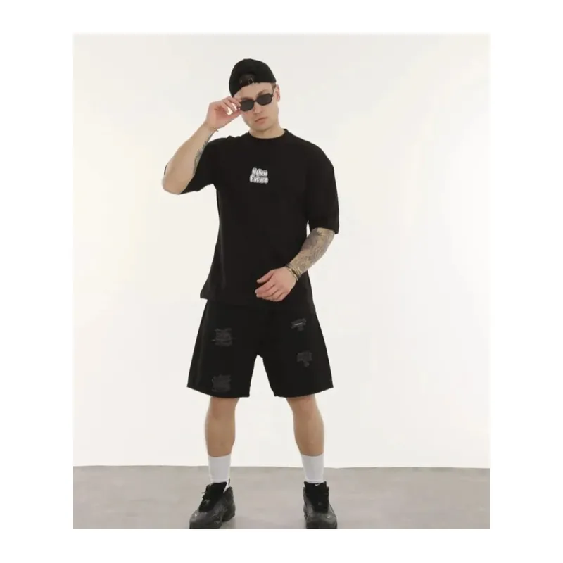 Unisex Bisiklet Yaka Baskılı Oversize T-Shirt - Siyah