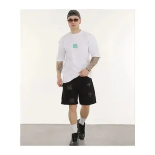 Unisex Bisiklet Yaka Baskılı Oversize T-Shirt - Beyaz