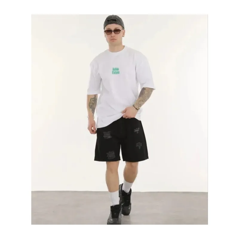 Unisex Bisiklet Yaka Baskılı Oversize T-Shirt - Beyaz