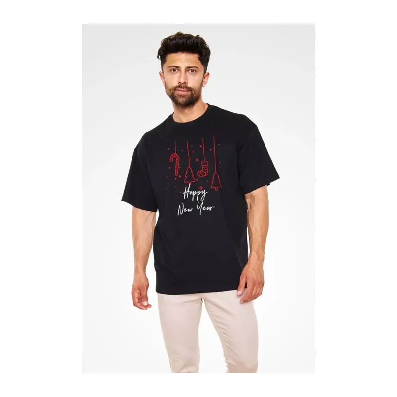 Unisex Bisiklet Yaka Baskılı Oversize T-Shirt - Siyah