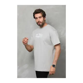 Unisex Bisiklet Yaka Baskılı Oversize T-Shirt - Gri