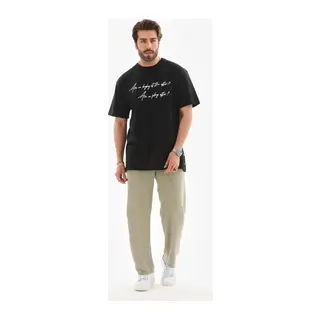 Unisex Bisiklet Yaka Baskılı Oversize T-Shirt - Siyah