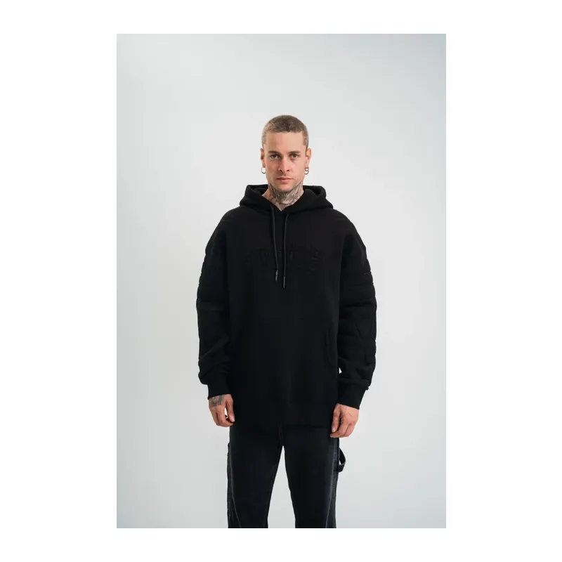 Double Oversize Kapşonlu Nakışlı SweatShirt - Siyah