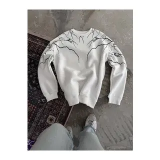Yıldırım Baskılı Bisiklet Yaka SweatShirt - Beyaz