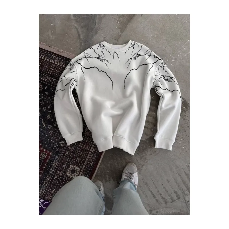 Yıldırım Baskılı Bisiklet Yaka SweatShirt - Beyaz