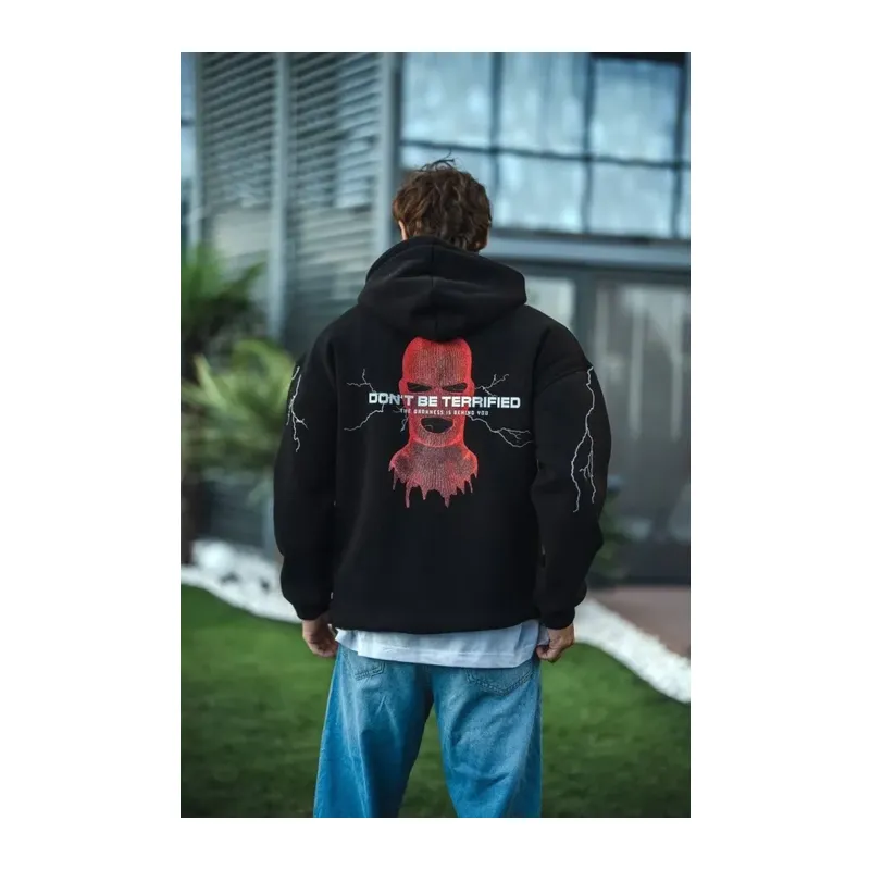 Üç İplik Kapüşonlu Baskılı Oversize SweatShirt- Siyah