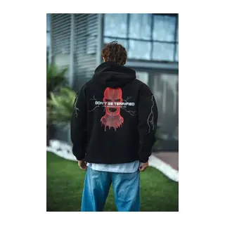 Üç İplik Kapüşonlu Baskılı Oversize SweatShirt- Siyah