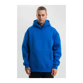 Erkek Saks Mavi Double Oversize 3 İplik Pamuklu Kapüşonlu Kanguru Cepli Sweatshirt Hoodie - Saks Mavi