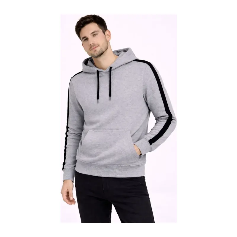 Erkek Şeritli Kapüşonlu Sweatshirt Oversize 3 Iplik Pamuklu - Gri