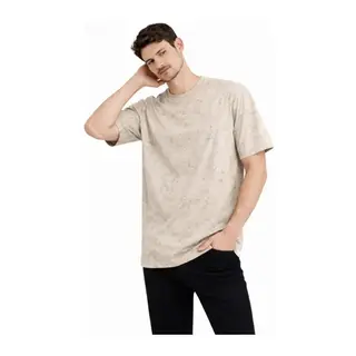 Erkek Asit Yıkama Bisiklet Yaka Kısa Kollu Oversize T-Shirt Tişört - Bej