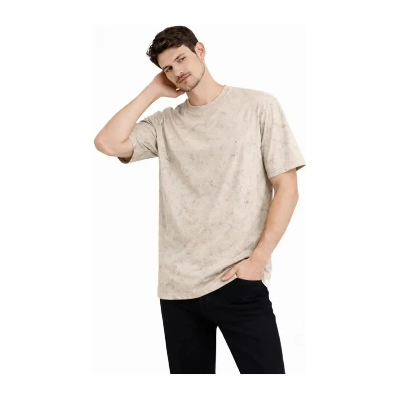Erkek Asit Yıkama Bisiklet Yaka Kısa Kollu Oversize T-Shirt Tişört - Bej
