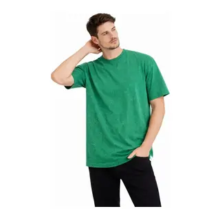 Erkek Asit Yıkama Bisiklet Yaka Kısa Kollu Oversize T-Shirt Tişört - Yeşil