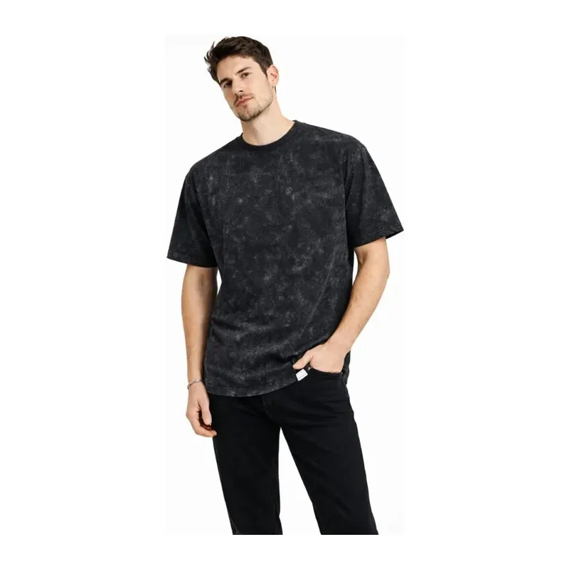 Erkek Asit Yıkama Bisiklet Yaka Kısa Kollu Oversize T-Shirt Tişört - Siyah