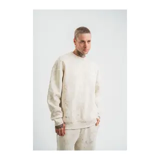 Erkek 3 İplik Pamuklu Yağ Yıkamalı Sweatshirt Double Oversize Bisiklet Yaka Uzun Kol - Krem