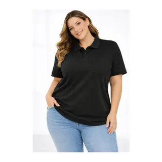 Pike Kumaş Düğmeli Yaka Battal Büyük Beden Günlük Kısa Kol Tişört T-shirt - Siyah