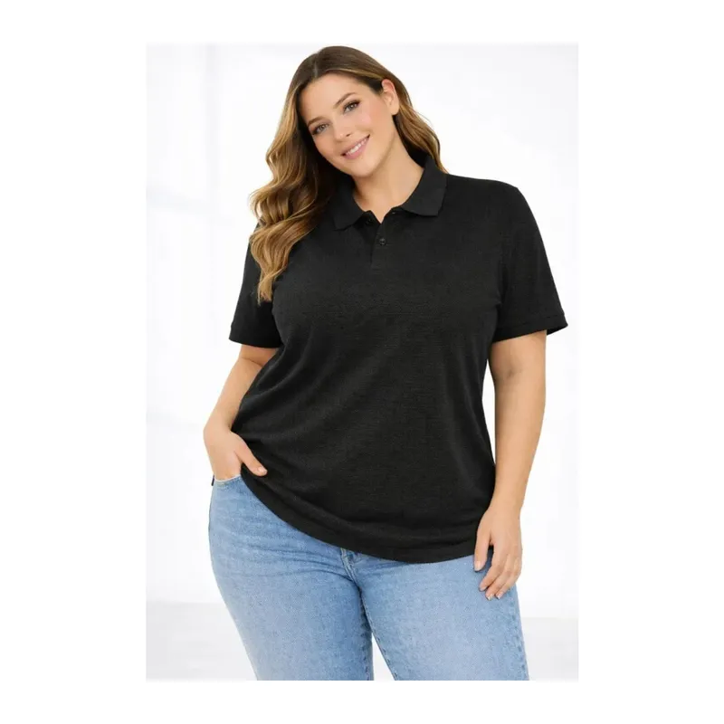 Pike Kumaş Düğmeli Yaka Battal Büyük Beden Günlük Kısa Kol Tişört T-shirt - Siyah
