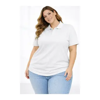 Pike Kumaş Düğmeli Yaka Battal Büyük Beden Günlük Kısa Kol Tişört T-shirt - Beyaz