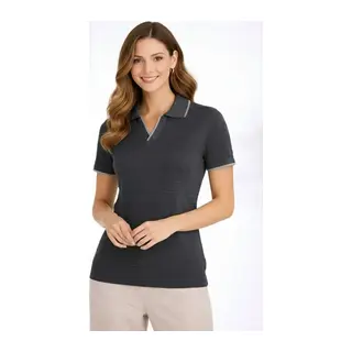 Triko Kumaş Yakalı Düğmesiz Açık Yaka Fitilli Kısa Kollu Regular Fit Tişört T-shirt - Siyah