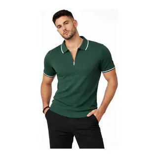 Erkek Fermuarlı Yaka Fitilli Triko Kısa Kollu Regular Fit Tişört T-shirt - Yeşil