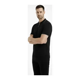 Erkek Triko Kumaş Yakalı Düğmesiz Açık Yaka Fitilli Kısa Kollu Regular Fit Tişört T-shirt - Siyah