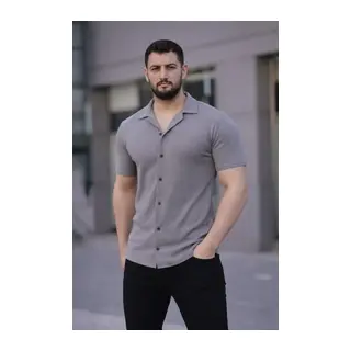 Erkek Waffle Kumaş Kısa Kollu Düğmeli Açık Yaka Regular Fit Gömlek - Gri