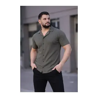 Erkek Waffle Kumaş Kısa Kollu Düğmeli Açık Yaka Regular Fit Gömlek - Haki