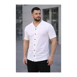 Erkek Waffle Kumaş Kısa Kollu Düğmeli Açık Yaka Regular Fit Gömlek - Beyaz