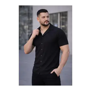 Erkek Waffle Kumaş Kısa Kollu Düğmeli Açık Yaka Regular Fit Gömlek - Siyah