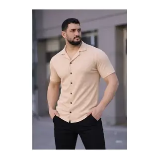 Erkek Waffle Kumaş Kısa Kollu Düğmeli Açık Yaka Regular Fit Gömlek - Bej