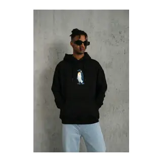 Siyah Oversize Hoodie - Sırt Baskılı Survivor Penguin Temalı, Felsefi Yazılı Kapüşonlu Sweatshirt - Siyah