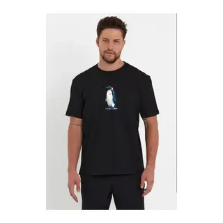 Erkek Oversize Tişört - Sırt Baskılı Survivor Penguin Temalı, Felsefi Yazılı Bisiklet Yaka Tişört - Siyah