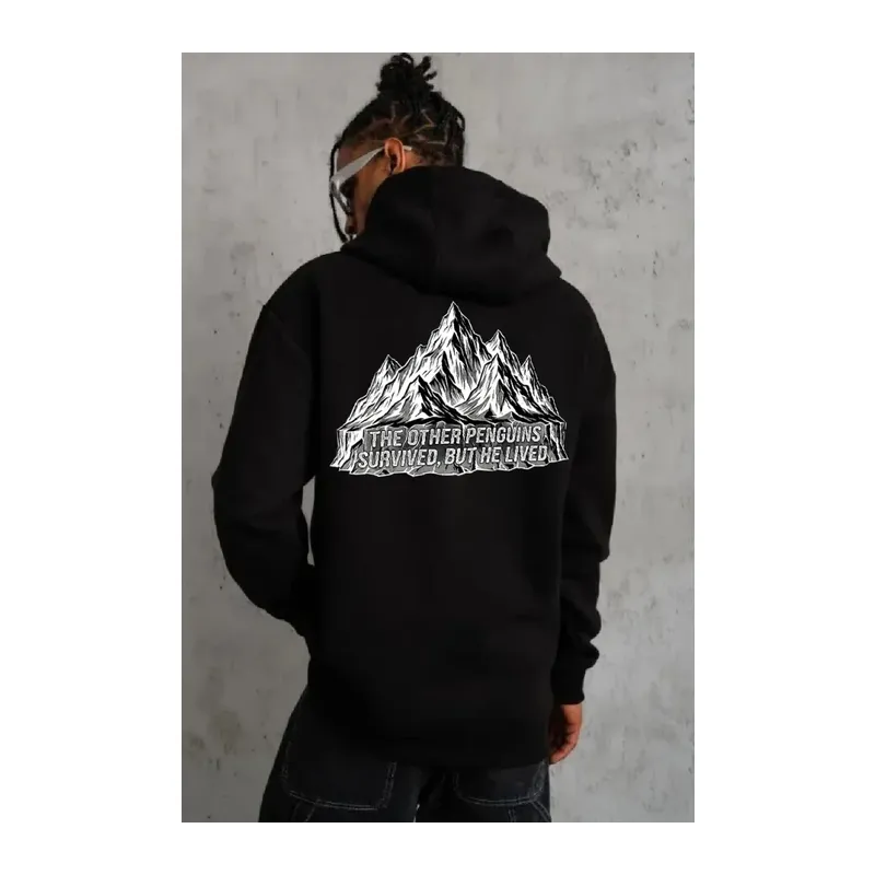 Erkek Nihilist Penguen Temalı Oversize Kapüşonlu Sweatshirt - Siyah