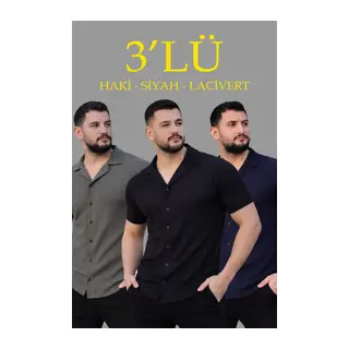 Erkek Waffle Dokuma Açık Yakalı Düğmeli Regular Kalıp 3’lü Gömlek Seti - Siyah, Haki, Lacivert