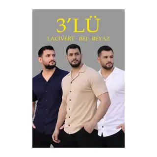 Erkek Waffle Dokuma Açık Yakalı Düğmeli Regular Kalıp 3’lü Gömlek Seti - Bej, Beyaz, Lacivert