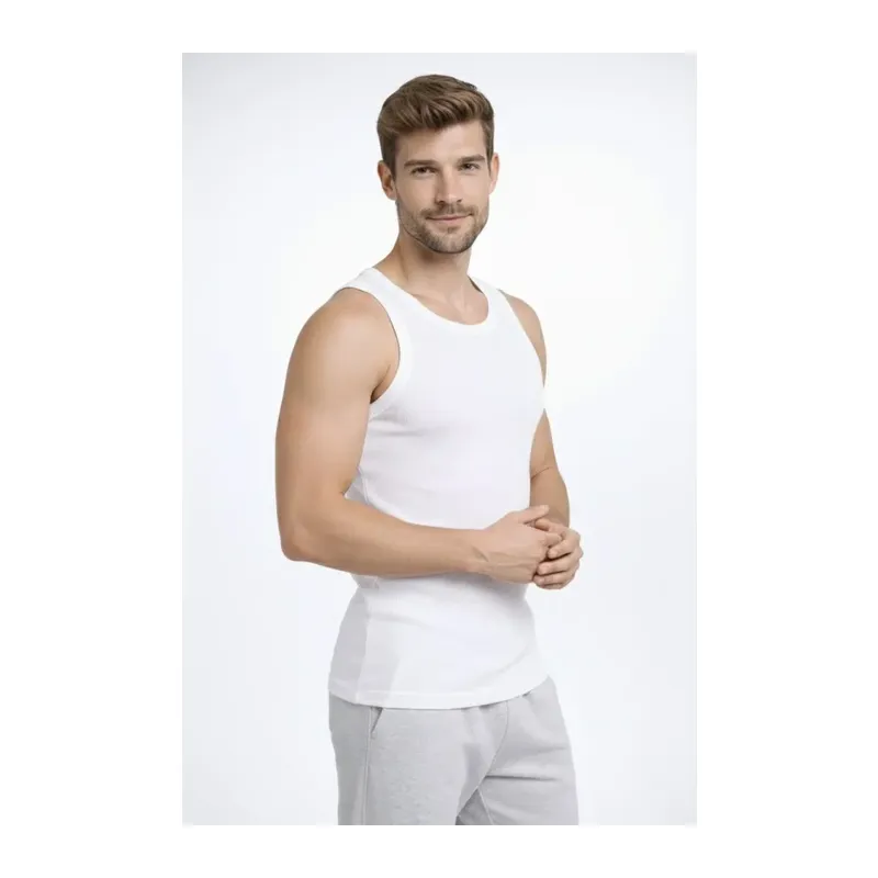 Erkek Fitilli Atlet Sıfır Yaka Slim Fit Arka Baskılı Spor Atlet - Beyaz