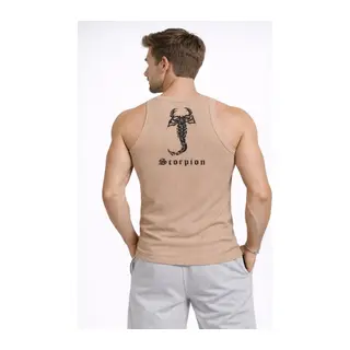 Erkek Fitilli Atlet Sıfır Yaka Slim Fit Arka Baskılı Spor Atlet - Bej