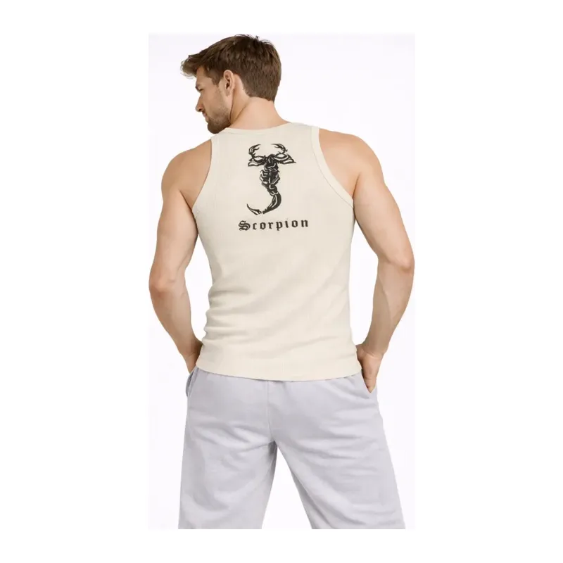 Erkek Fitilli Atlet Sıfır Yaka Slim Fit Arka Baskılı Spor Atlet - Krem
