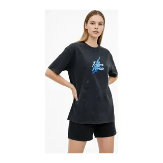 Asit Yıkamalı Oversize Tişört Future Worlds Baskılı Bisiklet Yaka Kısa Kollu Streetwear %100 Pamuk Street Style T-Shirt - Siyah